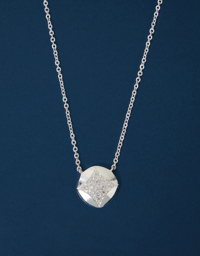 Sterling Silver-Plated Diamante Disc Pendant Necklace, , large