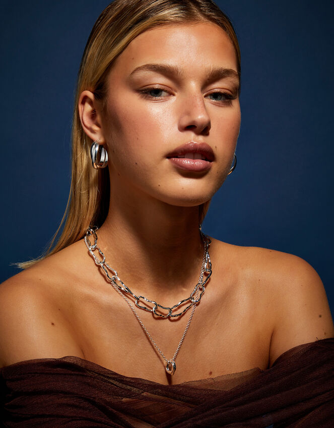 Sterling Silver-Plated Chunky Chain T-Bar Necklace, , large