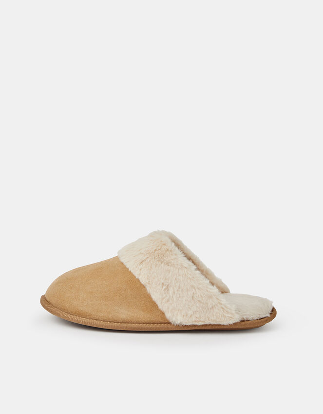 Suede Faux Fur Slippers, Tan (TAN), large