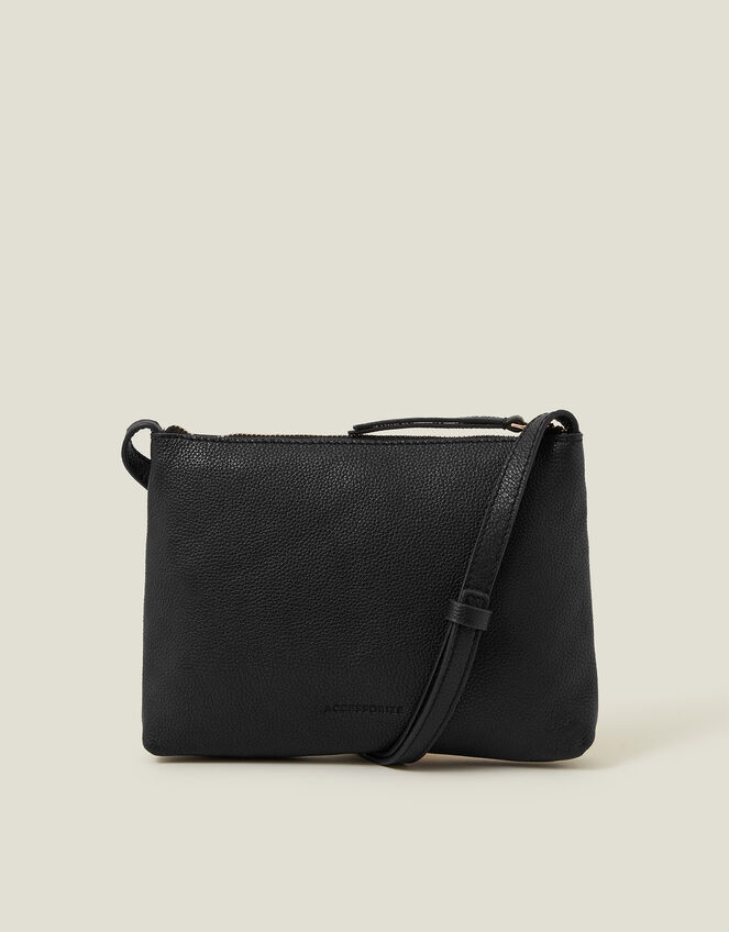 Zip Detail Leather Cross-Body Bag, Black (BLACK), large