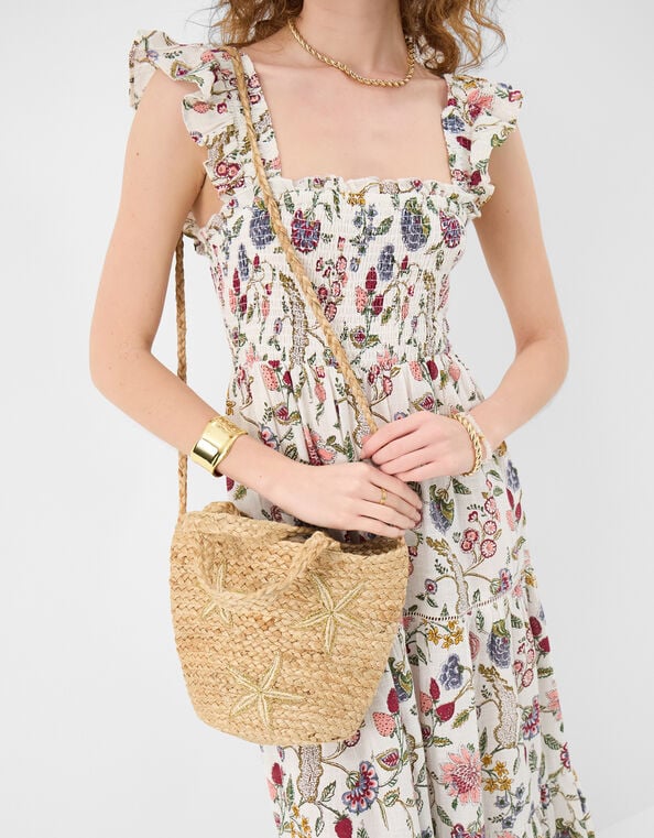 Starfish Embroidered Raffia Bag, , large