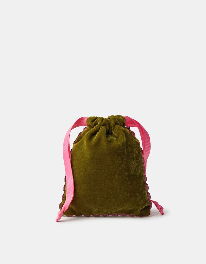 Embellished Initial Velvet Drawstring Bag, Green (OLIVE), large