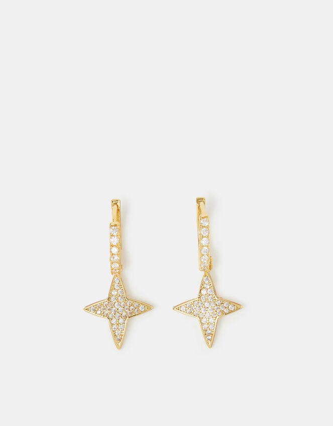 14ct Gold-Plated Diamant&eacute; Star Charm Hoop Earrings, , large