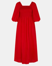 Puff Sleeve Smocked Maxi Dress, Red (RED), large