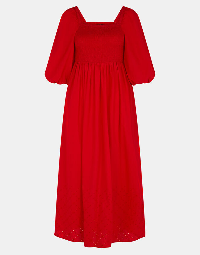 Puff Sleeve Smocked Maxi Dress, Red (RED), large