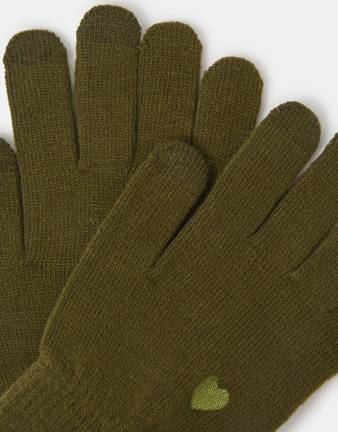 Heart Embroidered Touchscreen Gloves, Green (OLIVE), large