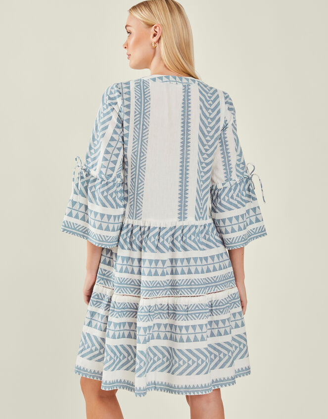 Print Jacquard Flute Sleeve Mini Dress with Sustainable Cotton, DENIM, large