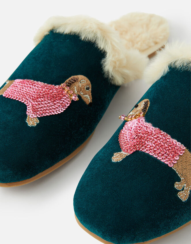 Embroidered Sausage Dog Velvet Slippers, Multi (DARKS-MULTI), large