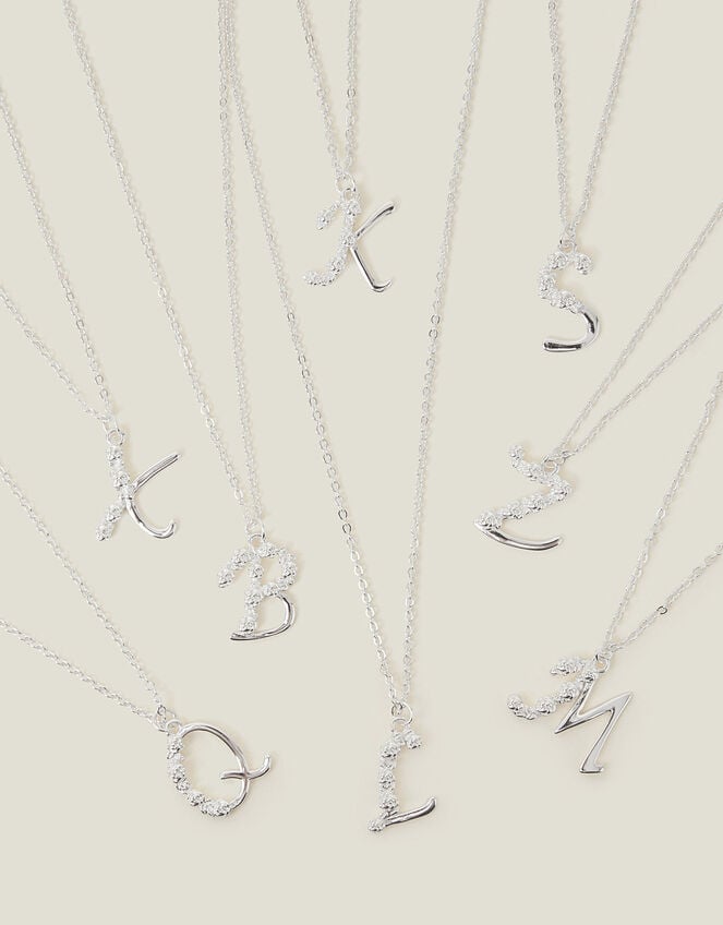 Sterling Silver-Plated Flower Initial Pendant Necklace, Silver (ST SILVER), large