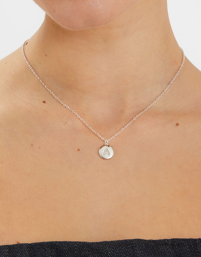 Sterling Silver-Plated Diamante Initial Round Pendant Necklace, Silver (ST SILVER), large
