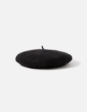 Beret Hat in Pure Wool, Black (BLACK), large