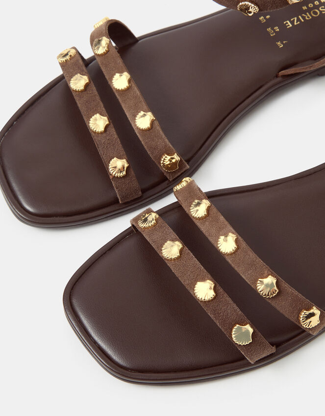 Shell Embellished Suede Sandals, Brown (CHOCOLATE), large