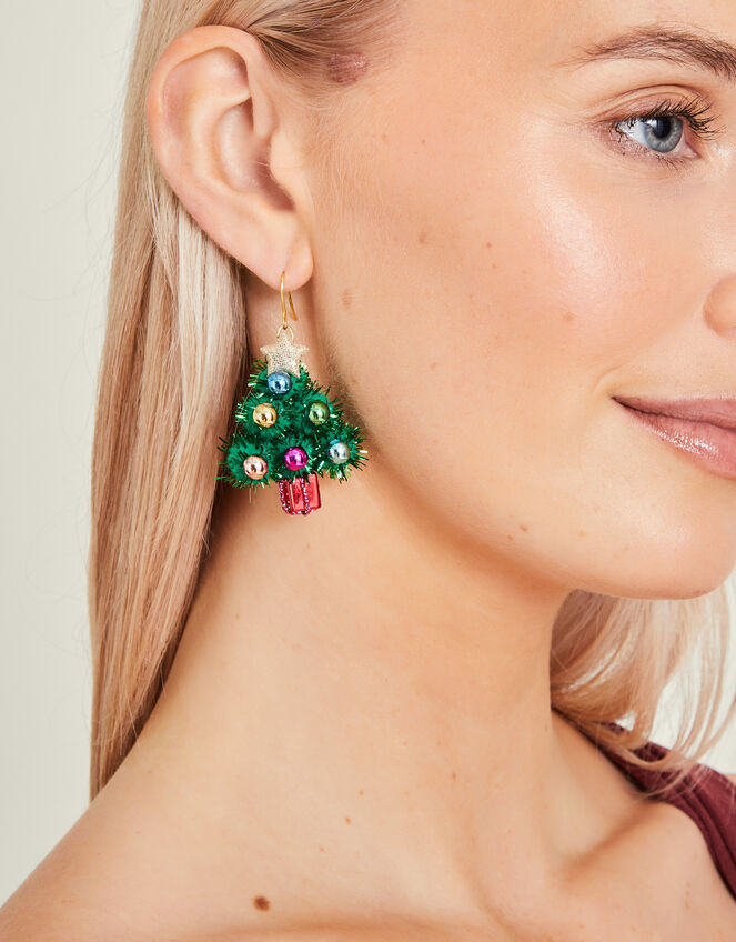 Pom Pom Christmas Tree Earrings, Green (GREEN), large