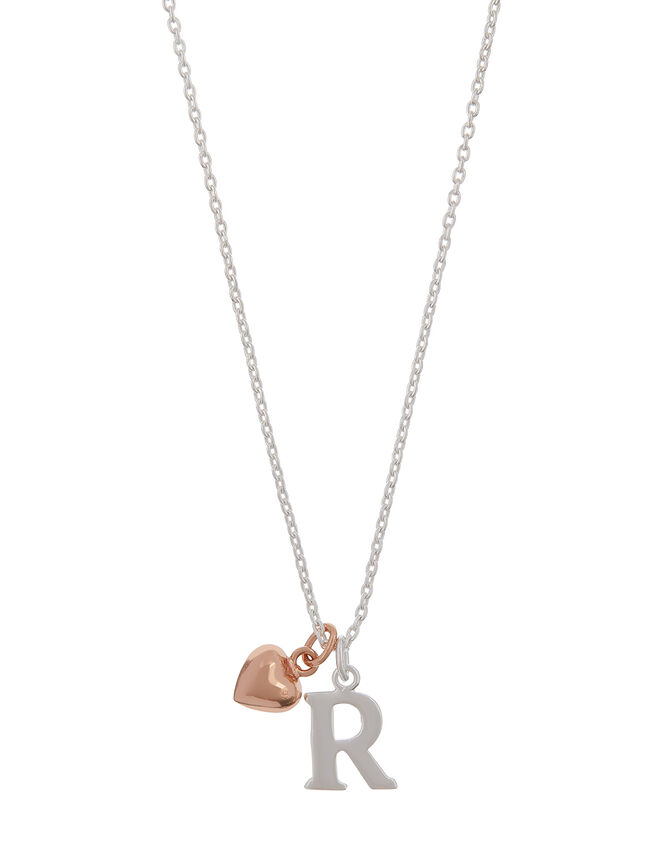 Sterling Silver Initial Necklace with Heart Charm - R, , large