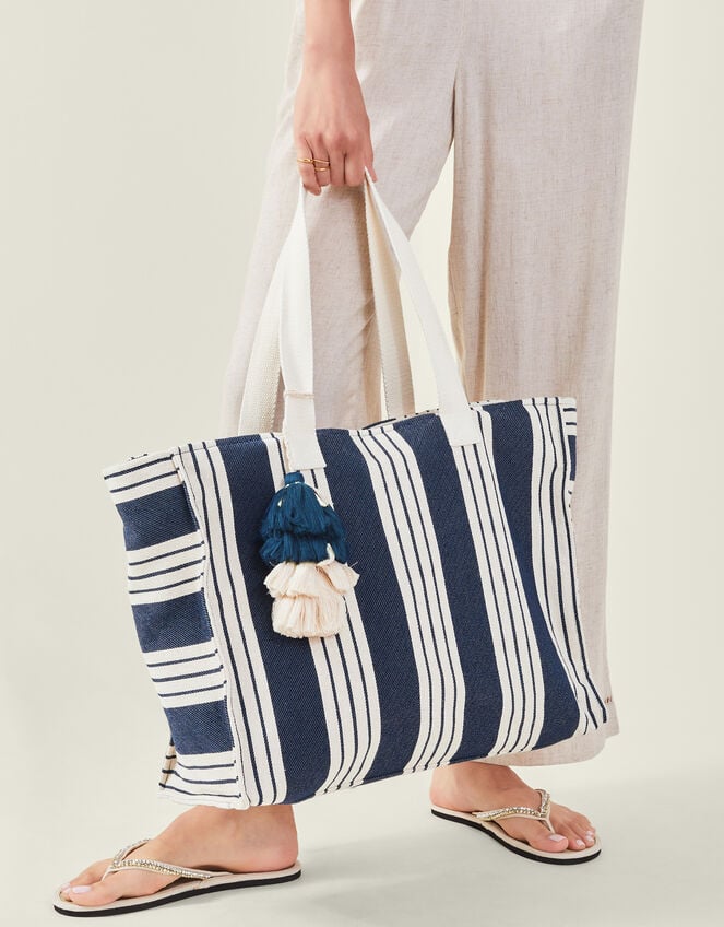 Large Stripe Beach Bag, Blue (NAVY), large
