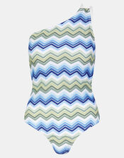 Zig Zag Crochet One Shoulder Swimsuit, Blue (BLUE), large
