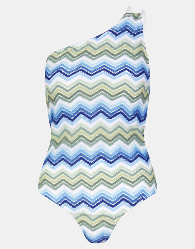 Zig Zag Crochet One Shoulder Swimsuit, Blue (BLUE), large
