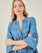 Embellished Mirror Flute Sleeve Dress, Blue (BLUE), large