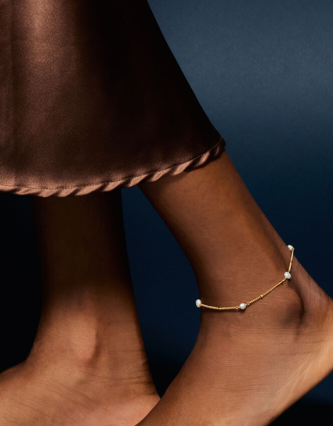 14ct Gold-Plated Pearl Station Anklet, , large