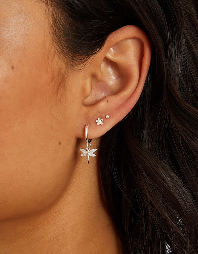 3-Pack Sterling Silver-Plated Dragonfly Stud and Hoop Earrings, , large
