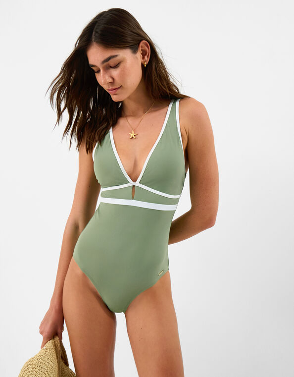 UPF50+ Contrast Plunge Shaping Swimsuit, Green (KHAKI), large