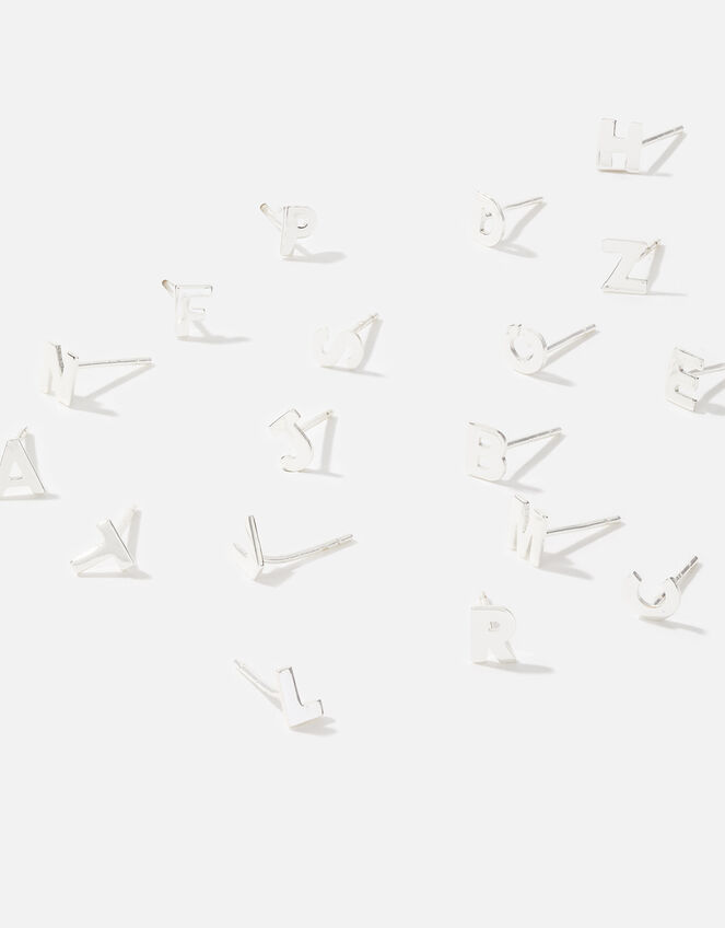 Sterling Silver Single Initial Stud Earring, Silver (ST SILVER), large