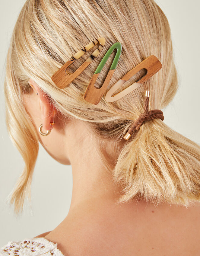 3-Pack Wooden Resin Hair Clips, , large