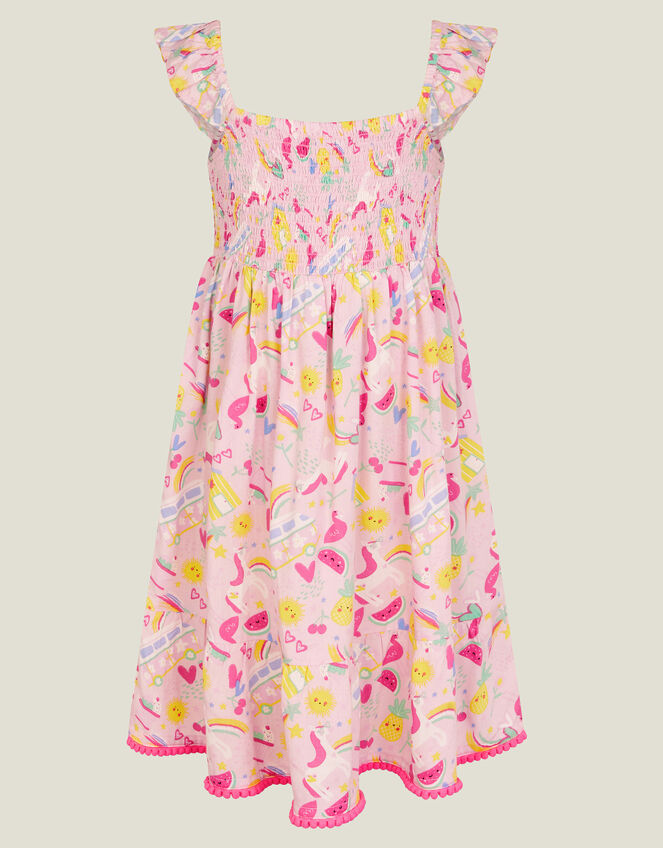 Girls Sunbeam Print Shirred Dress, Pink (PINK), large