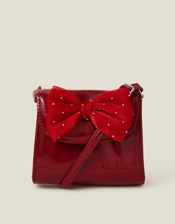 Girls Patent Diamante Bow Bag, Red (RED), large