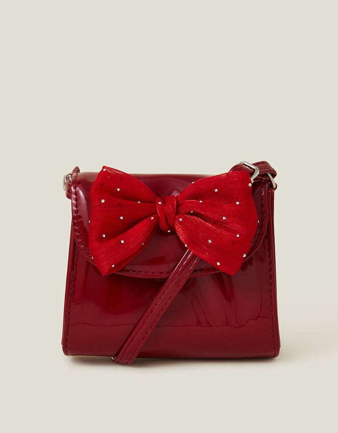 Girls Patent Diamante Bow Bag, Red (RED), large