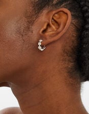 Sterling Silver-Plated Flower Sparkle Hoop Earrings, , large