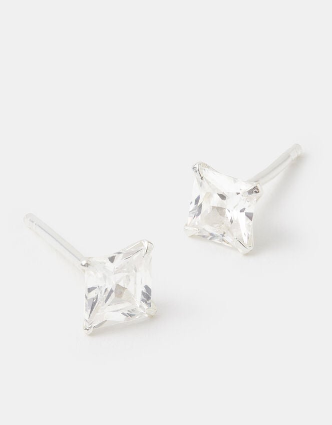 Sterling Silver Princess Cut Stud Earrings, , large