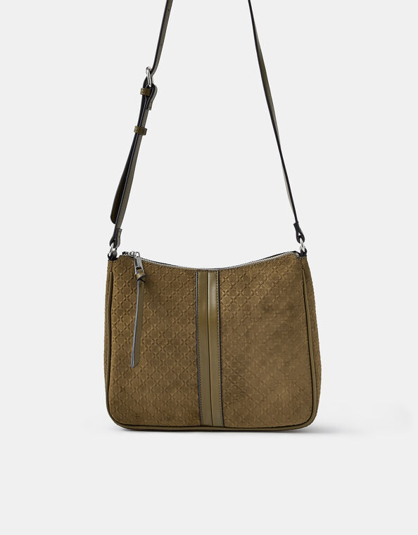 Embossed Faux Suede Crossbody Bag, Green (KHAKI), large