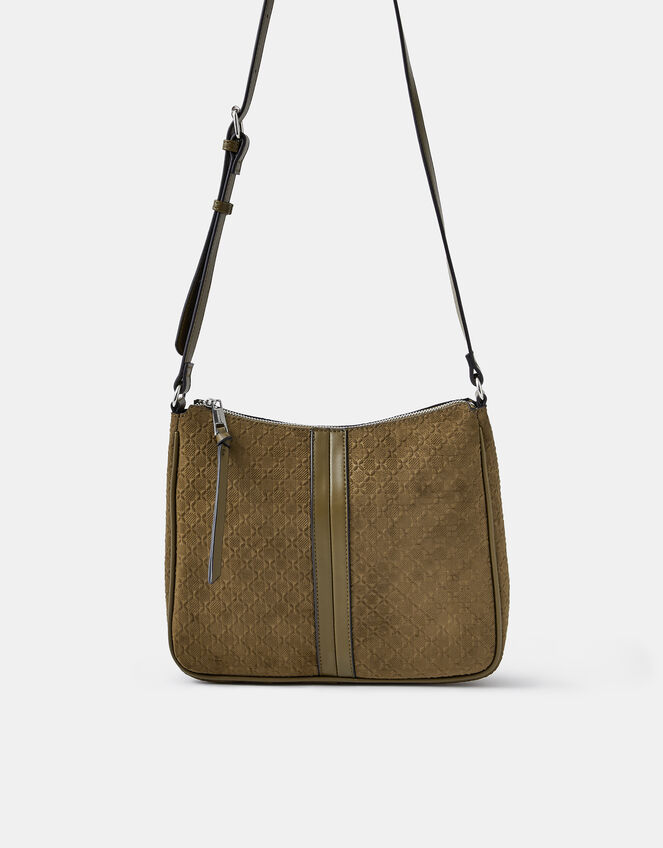 Embossed Faux Suede Crossbody Bag, Green (KHAKI), large