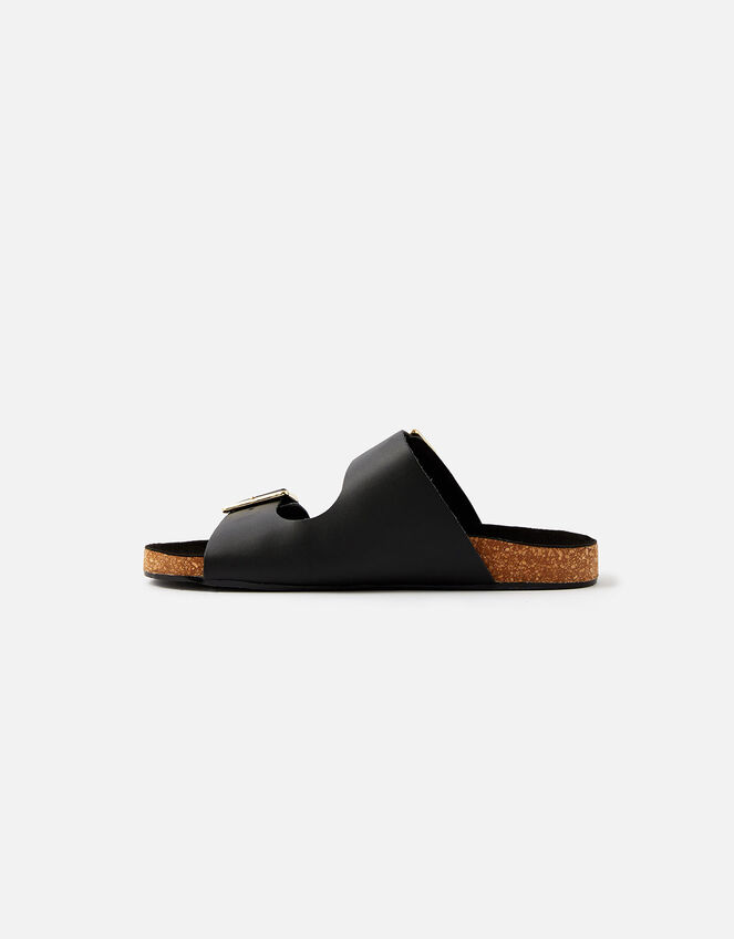 Buckle Footbed Leather Sandals , Black (BLACK), large