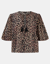 Puff Sleeve Cotton Blouse, Leopard (LEOPARD), large