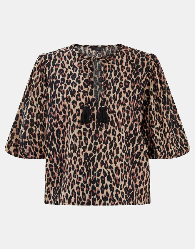 Puff Sleeve Cotton Blouse, Leopard (LEOPARD), large