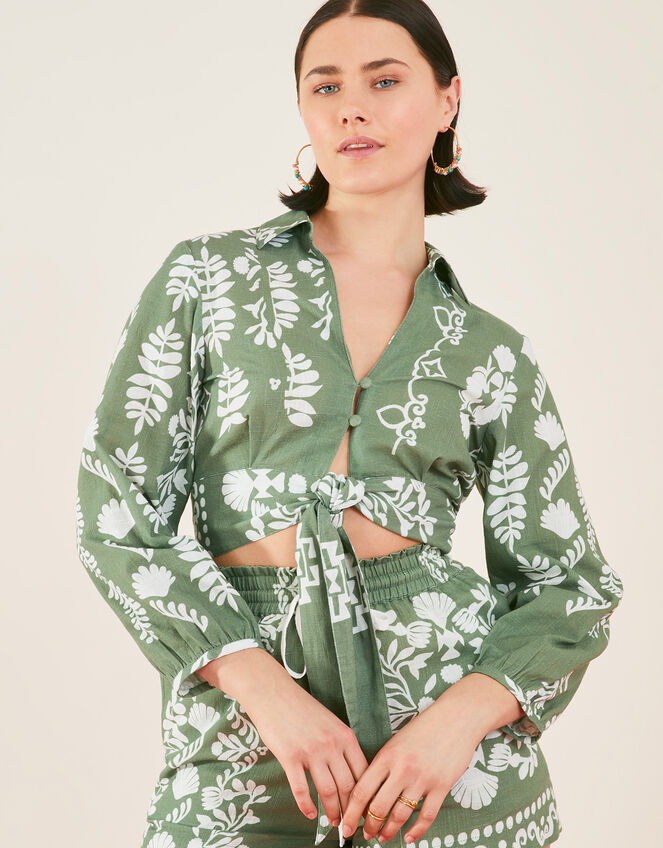 Ornamental Tie Front Shirt, Green (KHAKI), large
