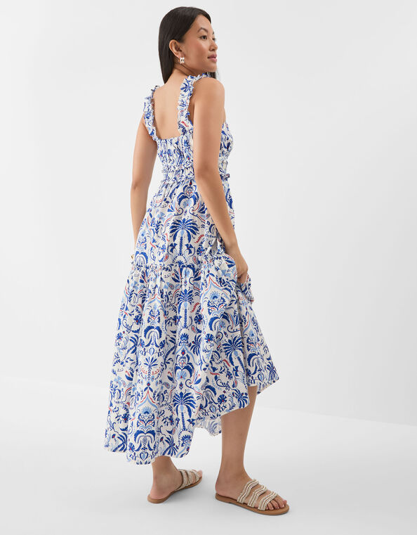 Palm Print Tiered Maxi Dress, Blue (BLUE), large
