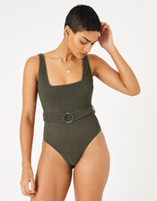 Square Neck Belted Swimsuit, Green (KHAKI), large