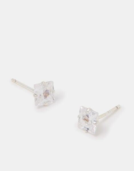 Sterling Silver Square Crystal Stud Earrings, , large