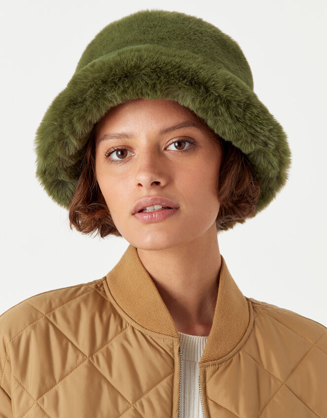 Luxe Faux Fur Bucket Hat, Green (KHAKI), large
