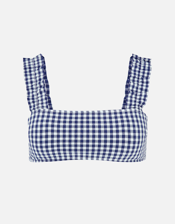 Gingham Ruffle Strap Bandeau Crop Top, Blue (NAVY), large