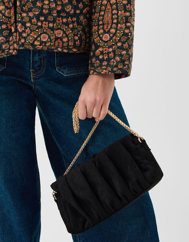 Ruched Faux Suede Clutch Bag, Black (BLACK), large