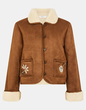 Floral Embroidered Suedette Jacket, Tan (TAN), large