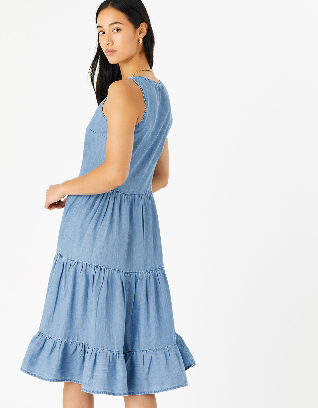 Chambray Tiered Midi Dress Blue