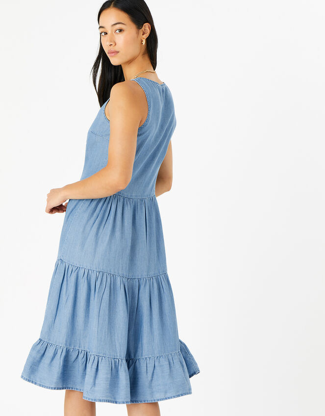 Chambray Tiered Midi Dress, Blue (BLUE), large