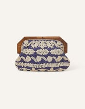 Raffia Beaded Wooden Frame Clutch Bag, Blue (NAVY), large