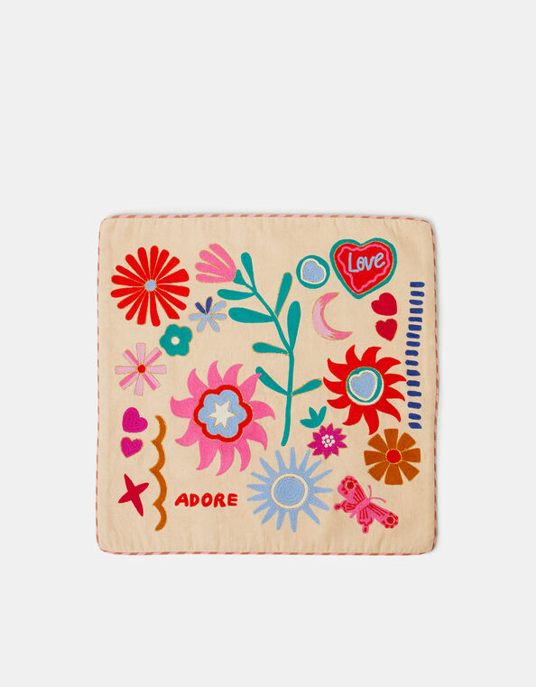 Floral Embroidered Square Cushion Cover, , large
