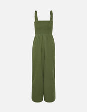 Seersucker Tie Shoulder Jumpsuit, Green (KHAKI), large